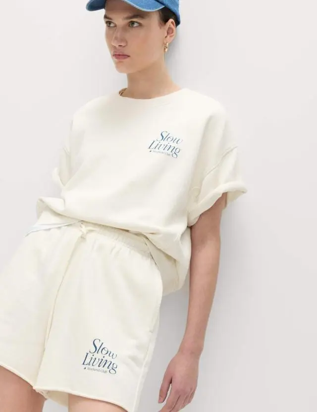 M&S Pure Cotton High Waisted Jogger Shorts Ivory