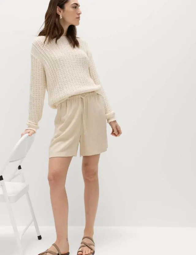 M&S Pull On High Waisted Shorts with Linen Beige