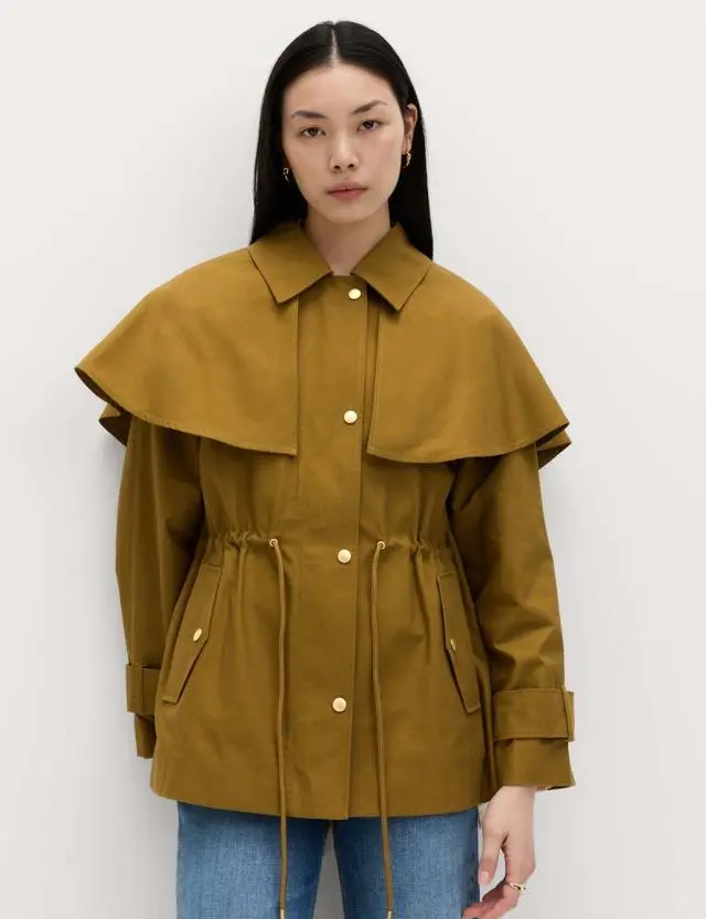 M&S Pure Cotton Waisted Collared Cape Coat Moss