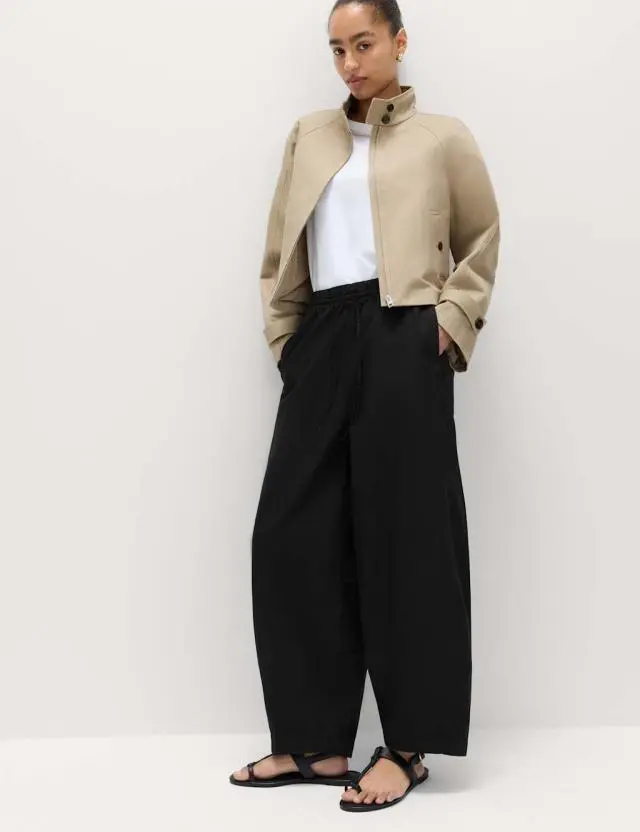 M&S Pure Cotton Drawstring Barrel Leg Ankle Grazer Trousers Black
