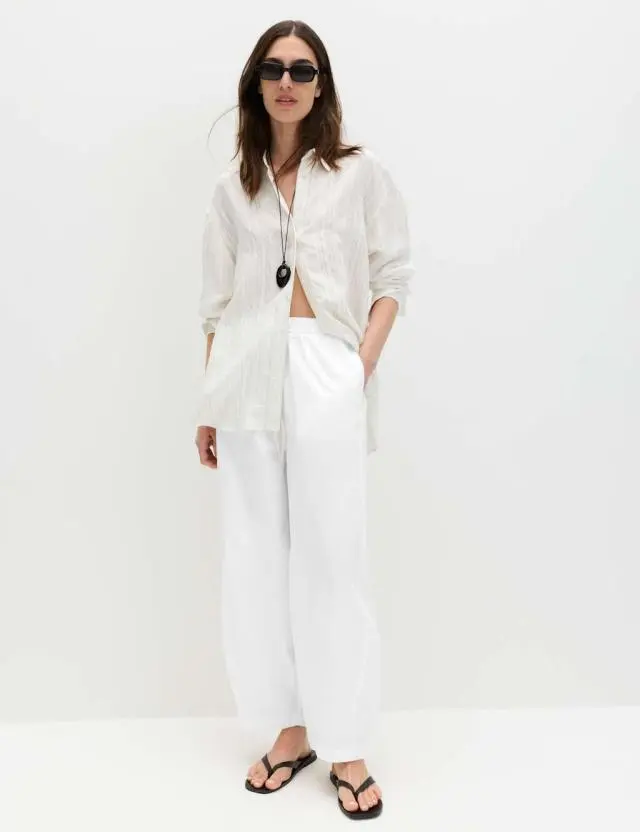 M&S Pure Cotton Drawstring Barrel Leg Ankle Grazer Trousers White