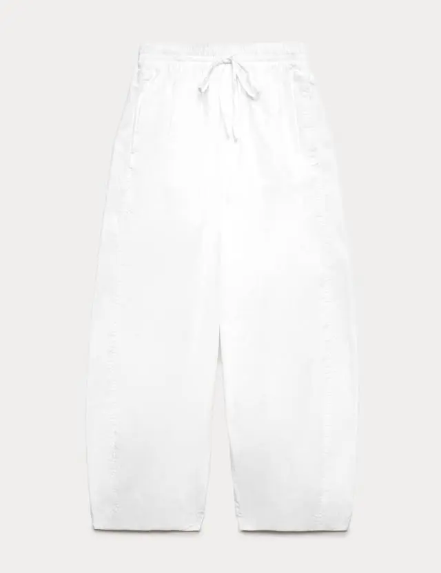 M&S Pure Cotton Drawstring Barrel Leg Ankle Grazer Trousers White