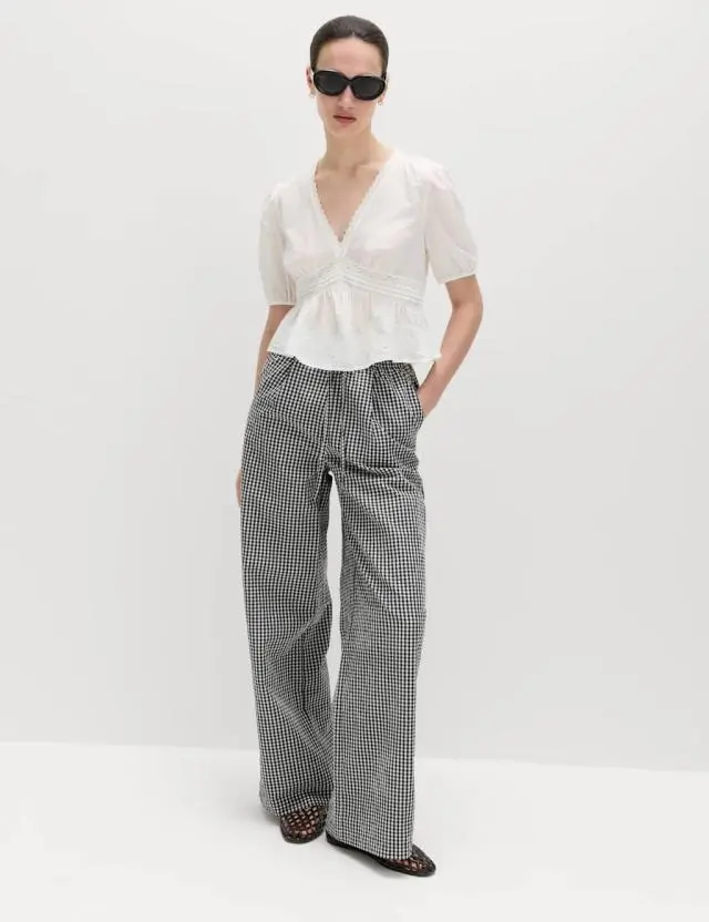 M&S Modal Blend Gingham Wide Leg Trousers Black Mix