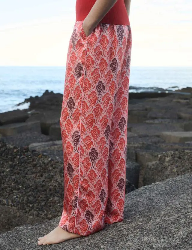 JAEGER Linear Wave Printed Wide Leg Trousers Pink Mix