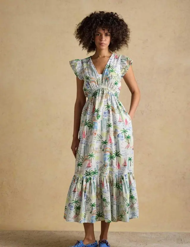 Joules Pure Cotton Printed Maxi Tiered Dress Multi