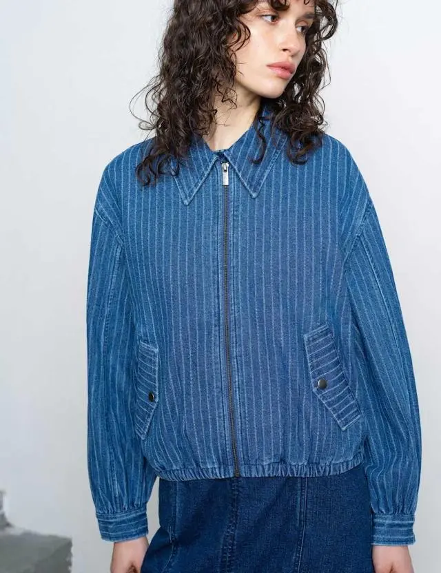 French Connection Denim Pinstriped Bomber Jacket Denim Mix
