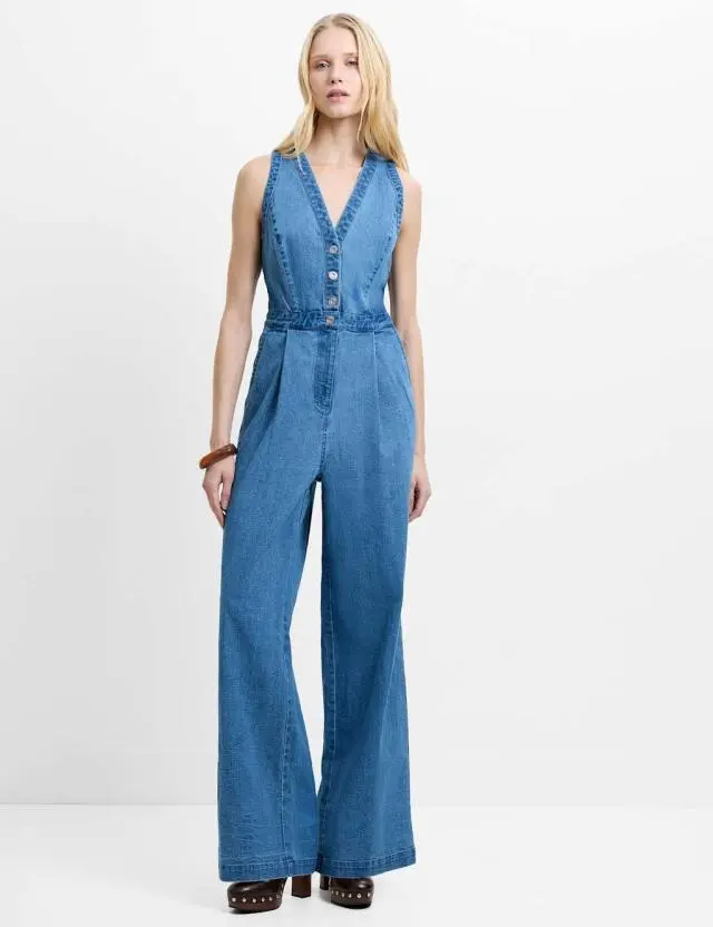 French Connection Pure Cotton Denim Waisted Jumpsuit Blue Denim
