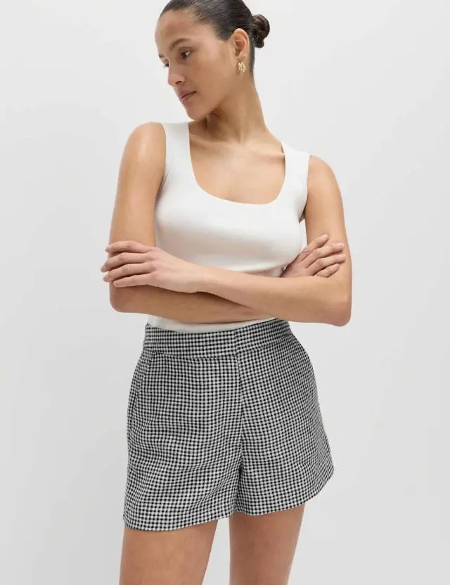 M&S Pure Linen Checked Shorts Black Mix