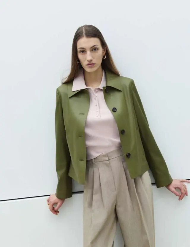 M&S Faux Leather Collared Jacket Bright Sage