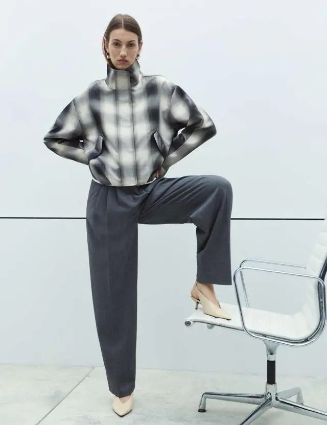 M&S Checked Bubble Hem Funnel Neck Jacket Black Mix