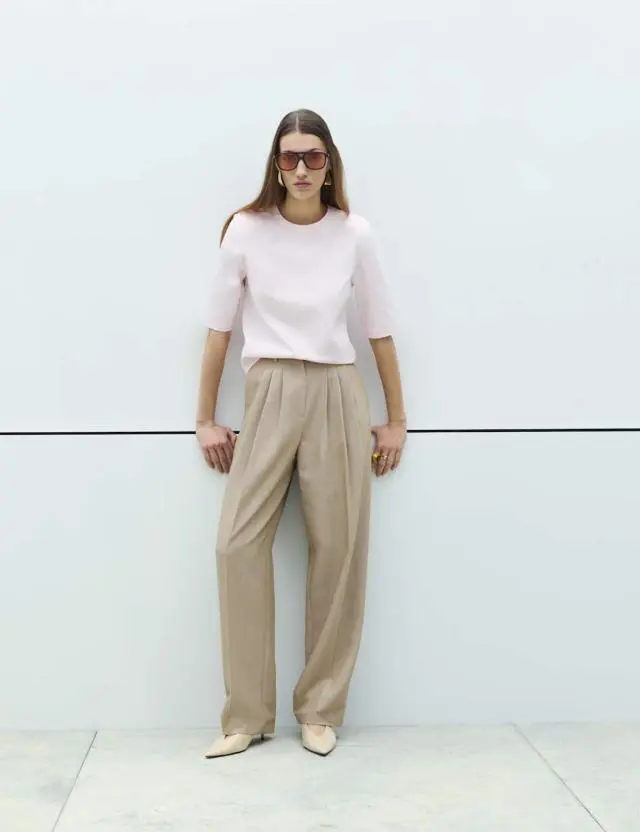 M&S Pleat Front Carrot Leg Trousers Neutral