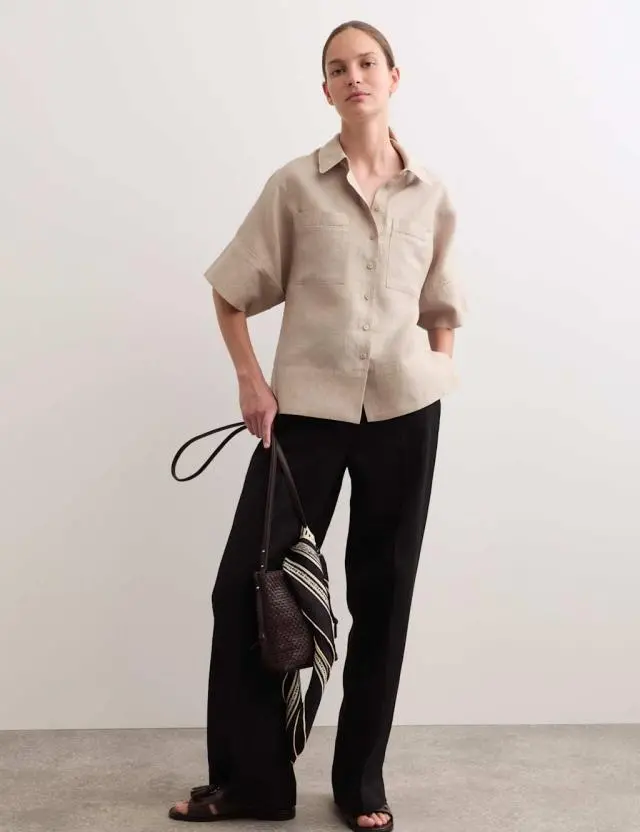 JAEGER Pure Linen Collared Stitch Detail Shirt Oatmeal