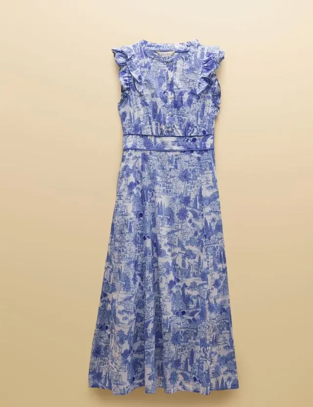 Joules Pure Cotton Printed Midaxi Waisted Dress Blue Mix