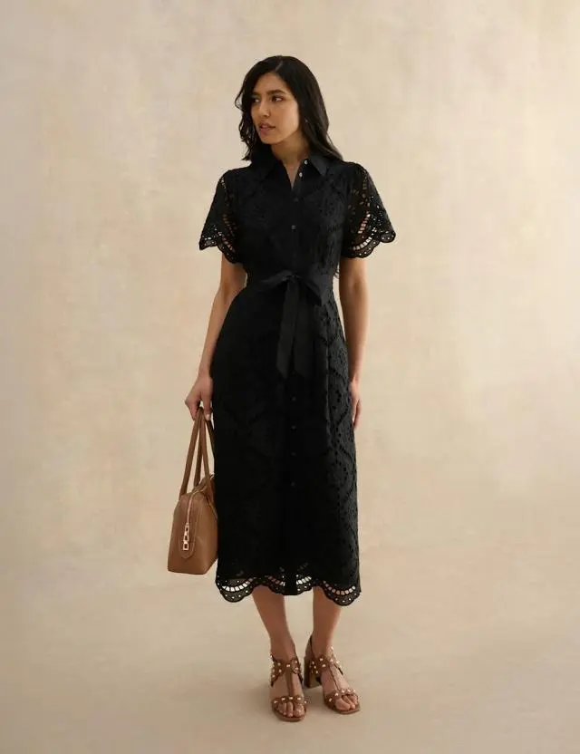 HOBBS Pure Cotton Broderie Midi Shirt Dress Black