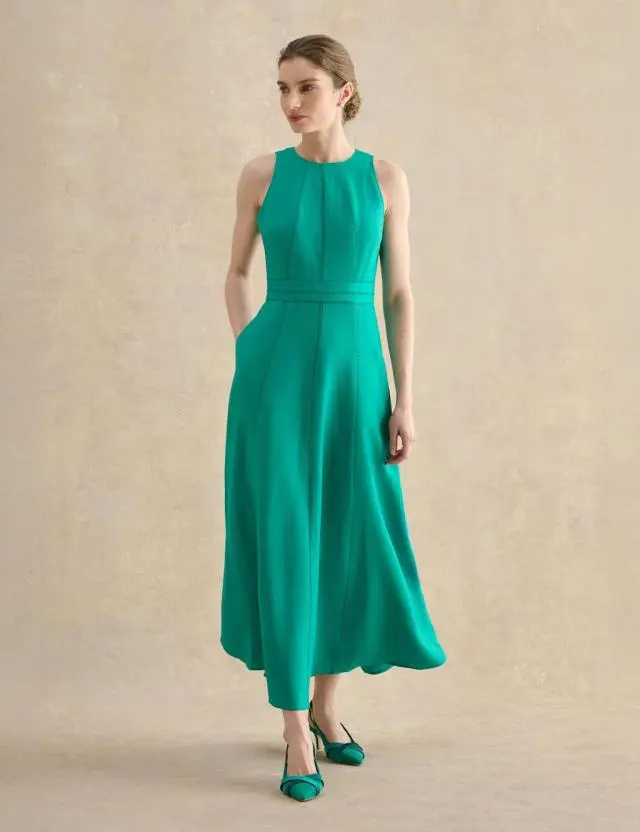 HOBBS Linen Blend Midaxi Skater Dress Green
