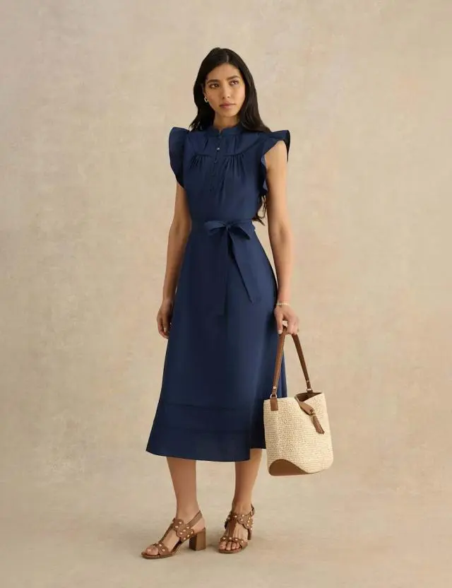HOBBS Pure Cotton High Neck Midi Waisted Dress Blue
