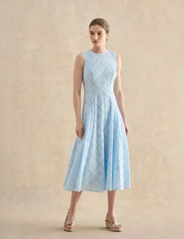 HOBBS Pure Cotton Broderie Midi Skater Dress Blue