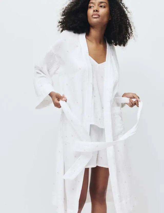 M&S Pure Cotton Muslin Floral Dressing Gown White Mix