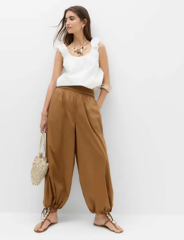 M&S Pure Cotton Bubble Hem Beach Trousers Caramel