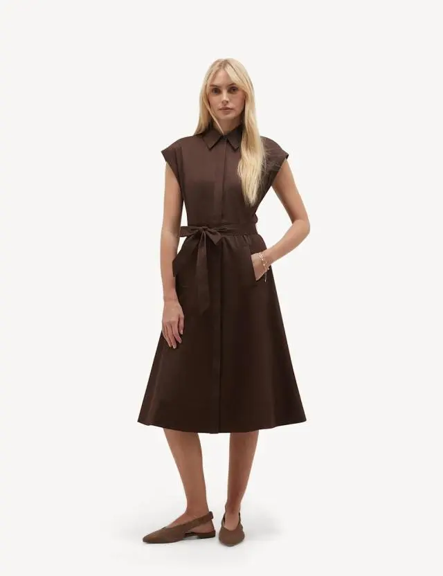 HOBBS Cotton Rich Knee Length Shirt Dress Brown