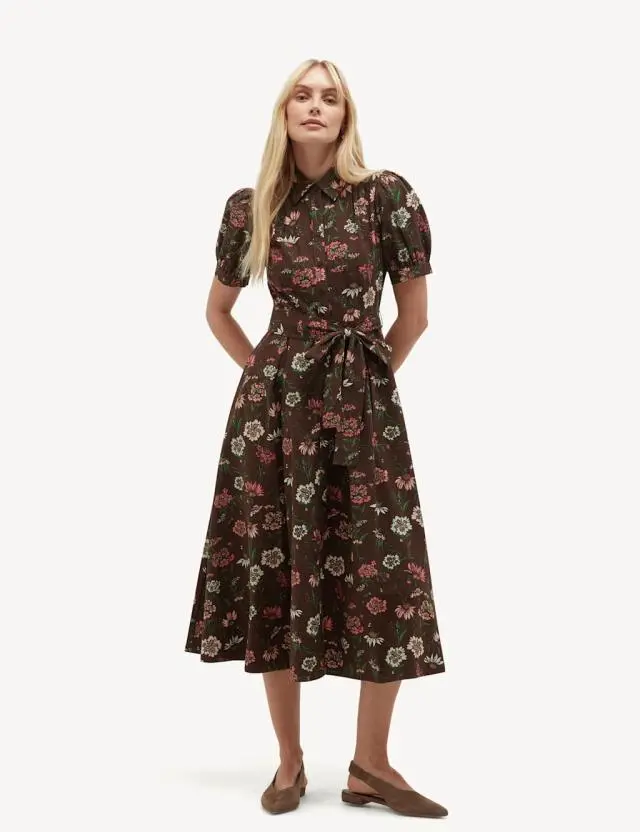 HOBBS Pure Cotton Floral Midi Shirt Dress Brown Mix