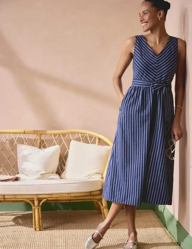 Crew Clothing Pure Cotton Striped Midi Skater Dress Blue Mix