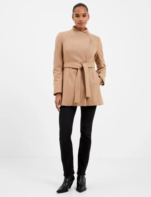 French Connection Wool Blend Belted Wrap Coat Brown