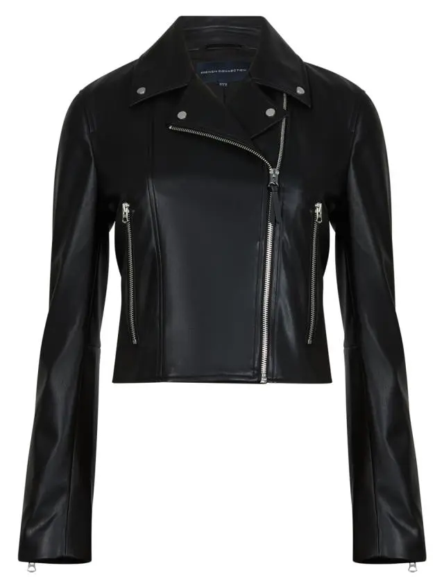 French Connection Faux Leather Cropped Biker Jacket Black