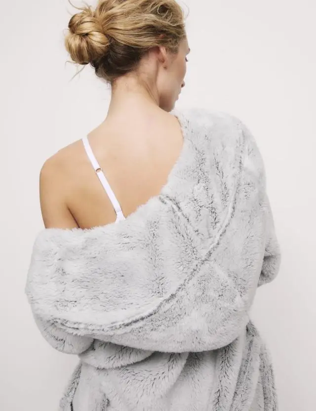 M&S Fleece Hooded Dressing Gown Grey