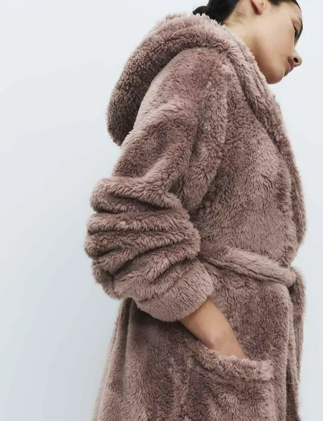 M&S Fleece Hooded Dressing Gown Taupe
