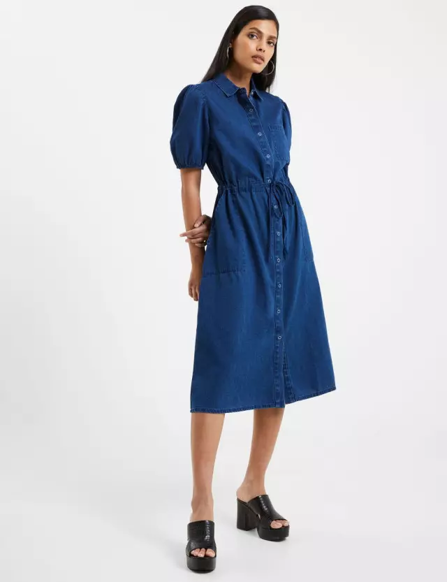 French Connection Womens Pure Cotton Tie Waist Midi Shirt Dress 