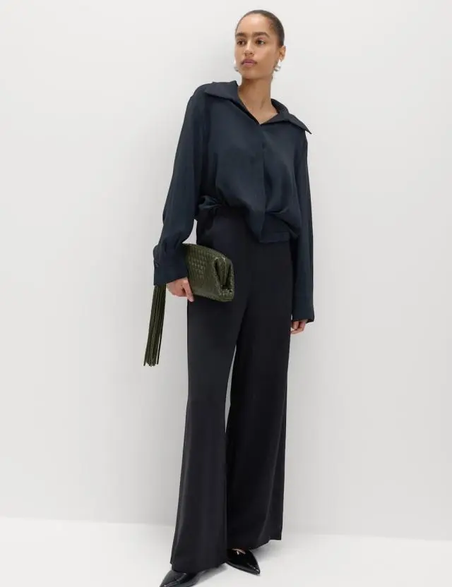 M&S Crepe Elasticated Waist Wide Leg Trousers Black