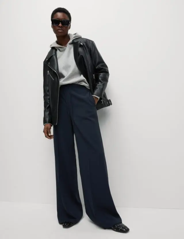 M&S Crepe Elasticated Waist Wide Leg Trousers Dark Navy