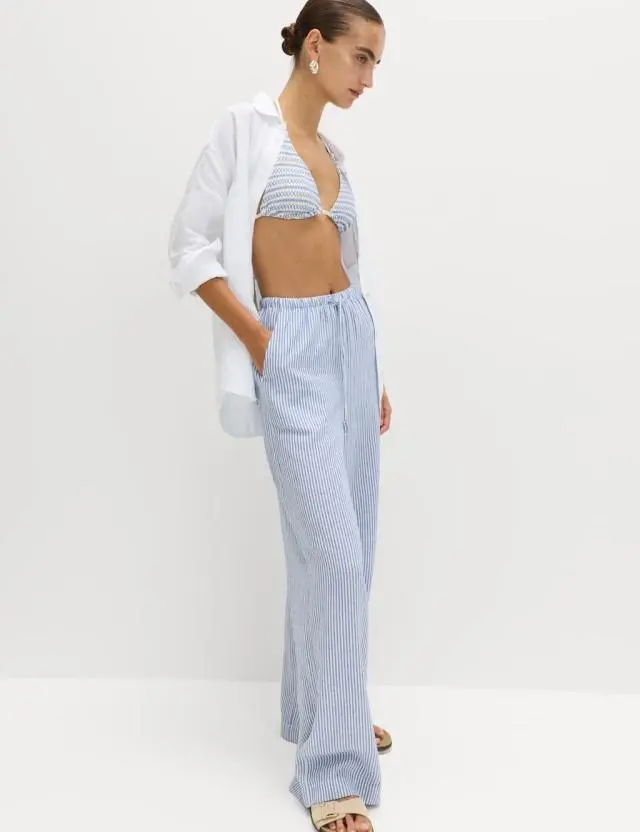 M&S Linen Blend Wide Leg Trousers Blue Mix