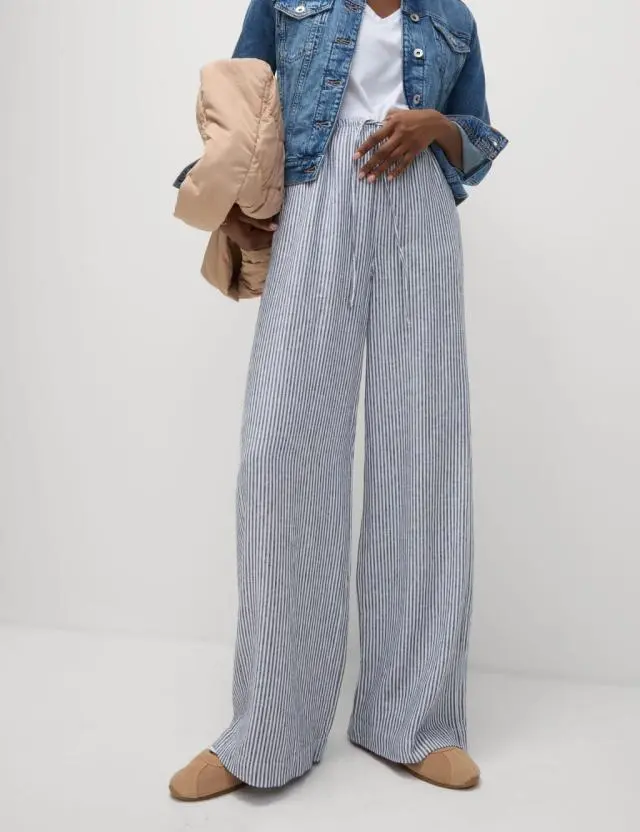 M&S Linen Blend Wide Leg Trousers Grey