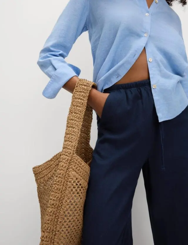 M&S Linen Blend Wide Leg Trousers Navy