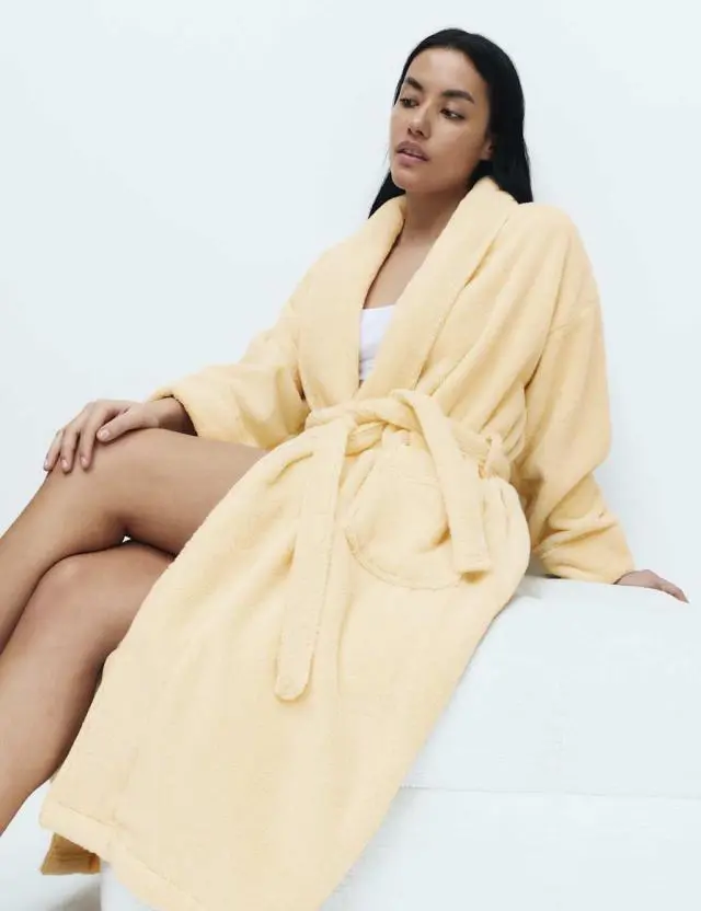 M&S Pure Cotton Towelling Dressing Gown Dark Cream