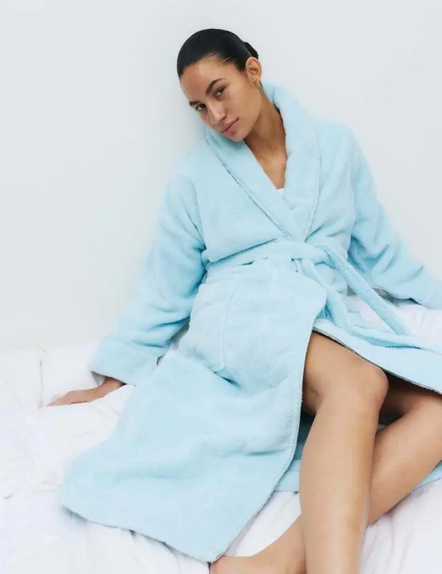 M&S Pure Cotton Towelling Dressing Gown Light Turquoise