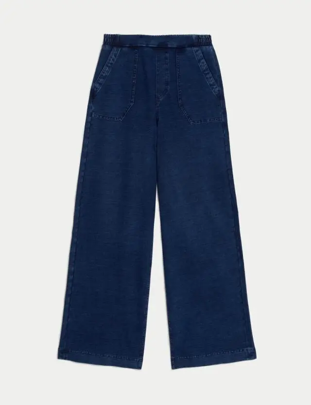M&S Denim Elasticated Waist Wide Leg Trousers Medium Indigo