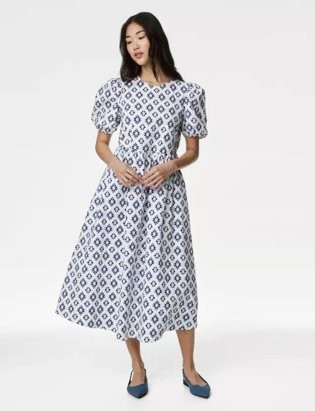 M&S Womens Cotton Rich Printed Puff Sleeve Waisted Dress