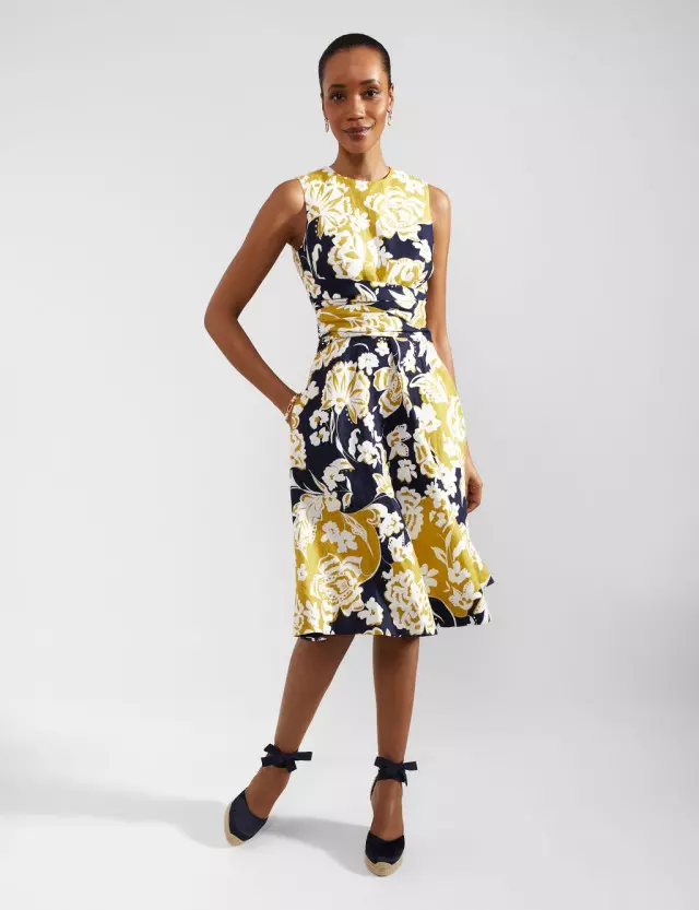Hobbs Womens Pure Linen Floral Midi Waisted Dress 