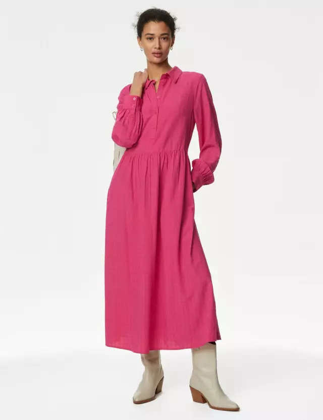 M&S Womens Textured Collared Midi Shirt Dress 