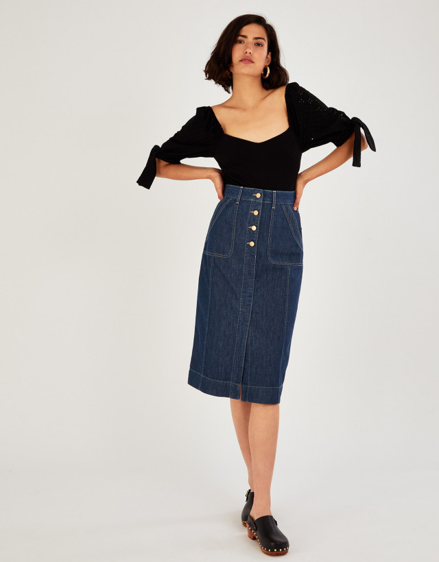 Denim Button Plain Skirt in Organic Cotton Blue