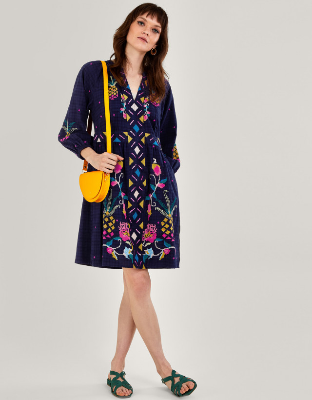 Pineapple Embroidered Dress Blue