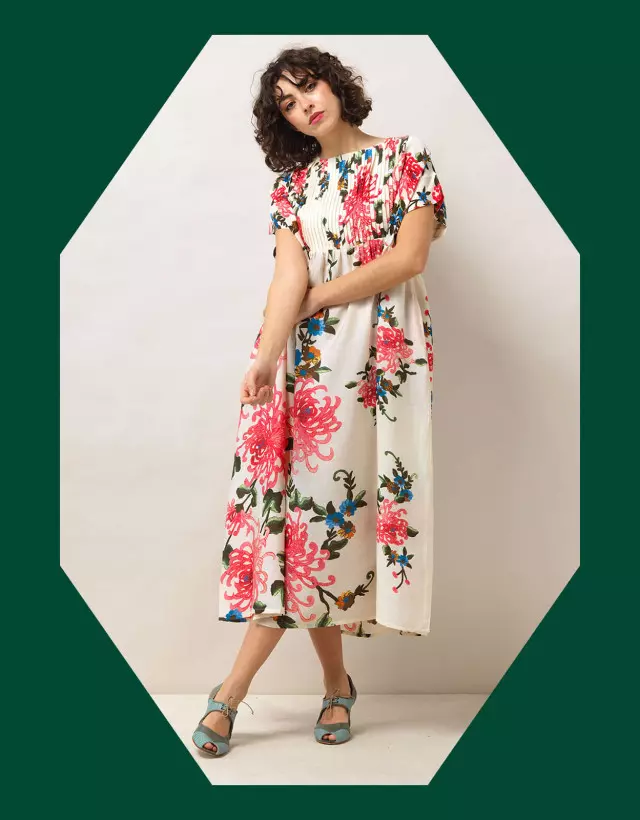 One Hundred Stars Pleat Floral Dress Ivory