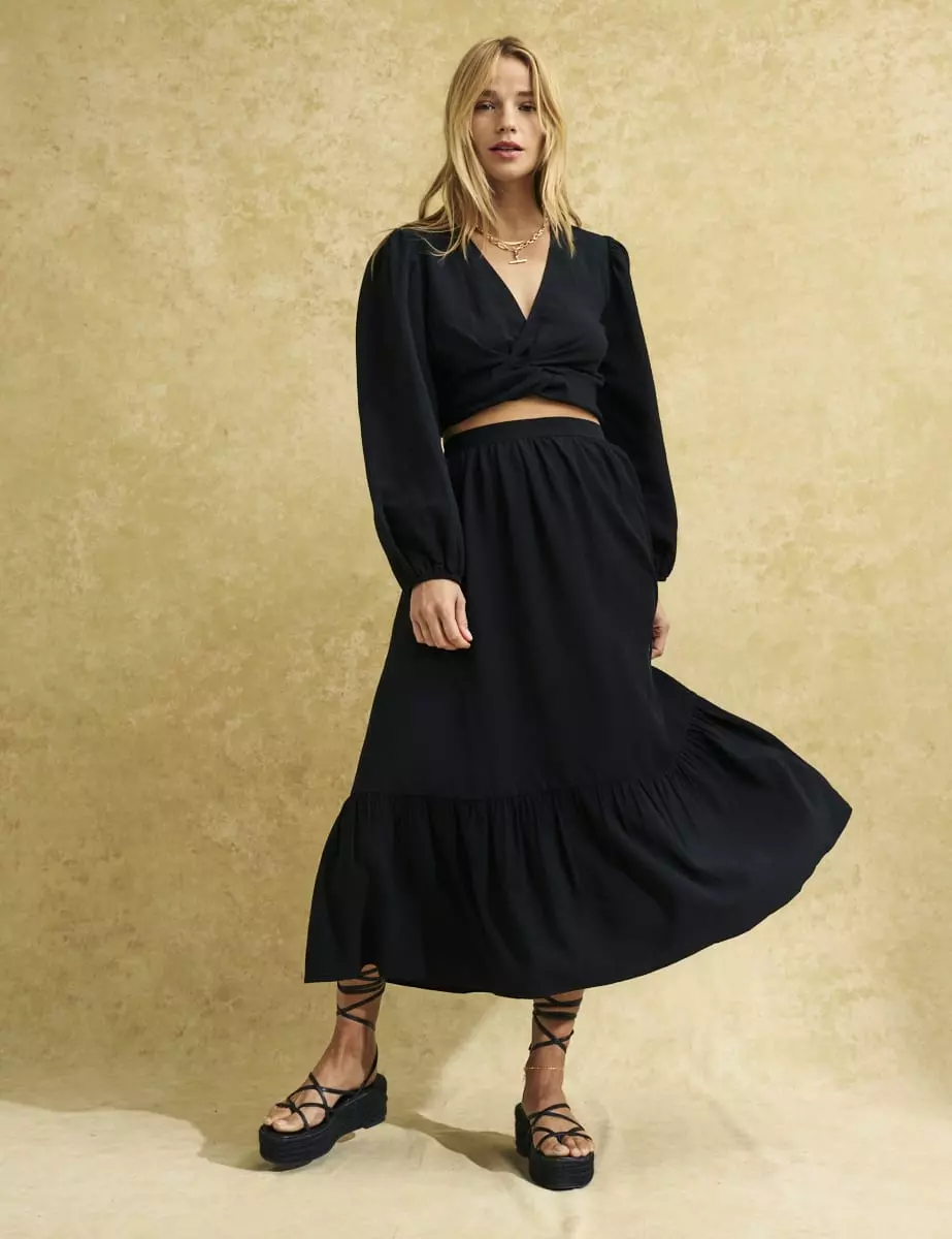 Black linen midi skirt sale