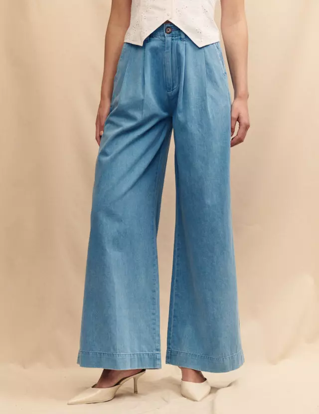 Mid Wash Blue Denim Double Pleated Wide Leg Ava Trousers