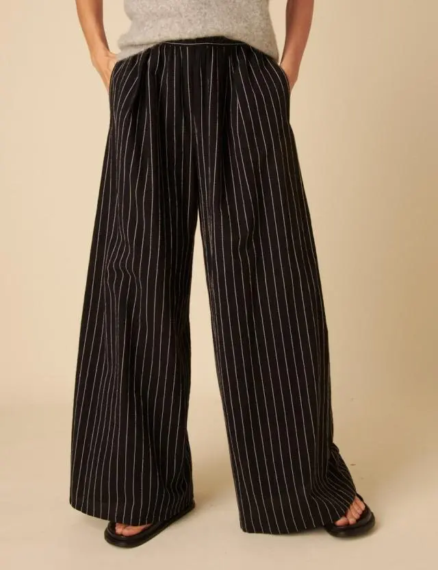 Black Pinstripe Relaxed Wide Leg Trousers