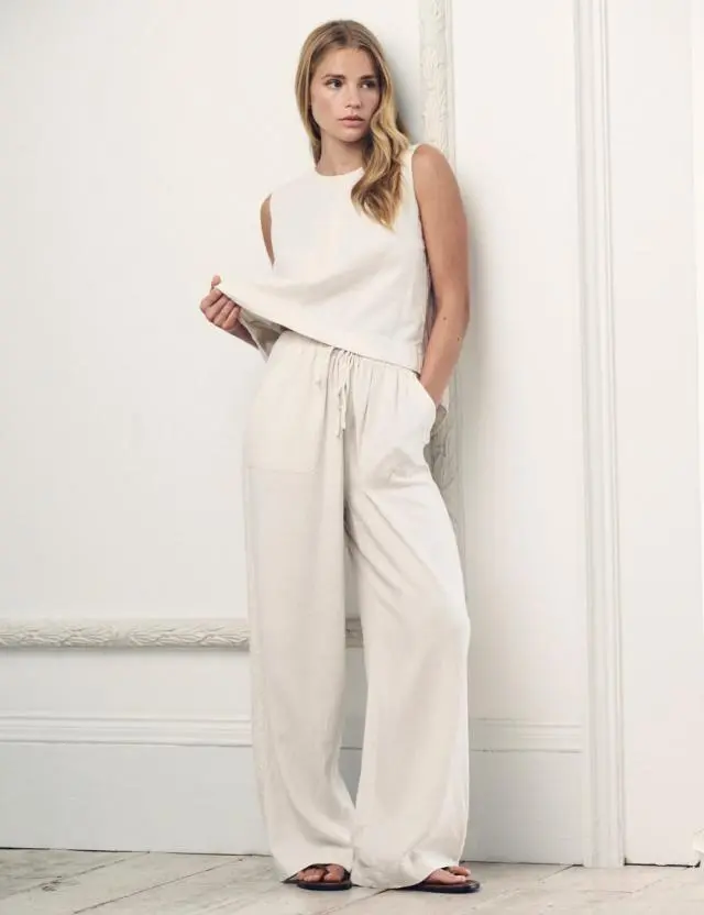 Cream Linen-blend Wide Leg Shona Trousers