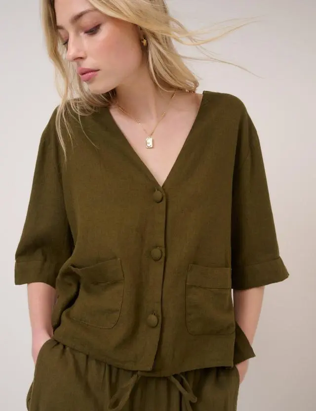 Green Linen-blend V-Neck Shirt